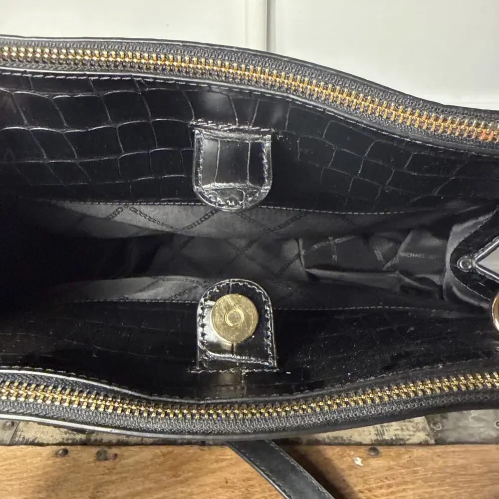 Michael Kors Houston Croc Embossed Double Zip Black Leather Satchel